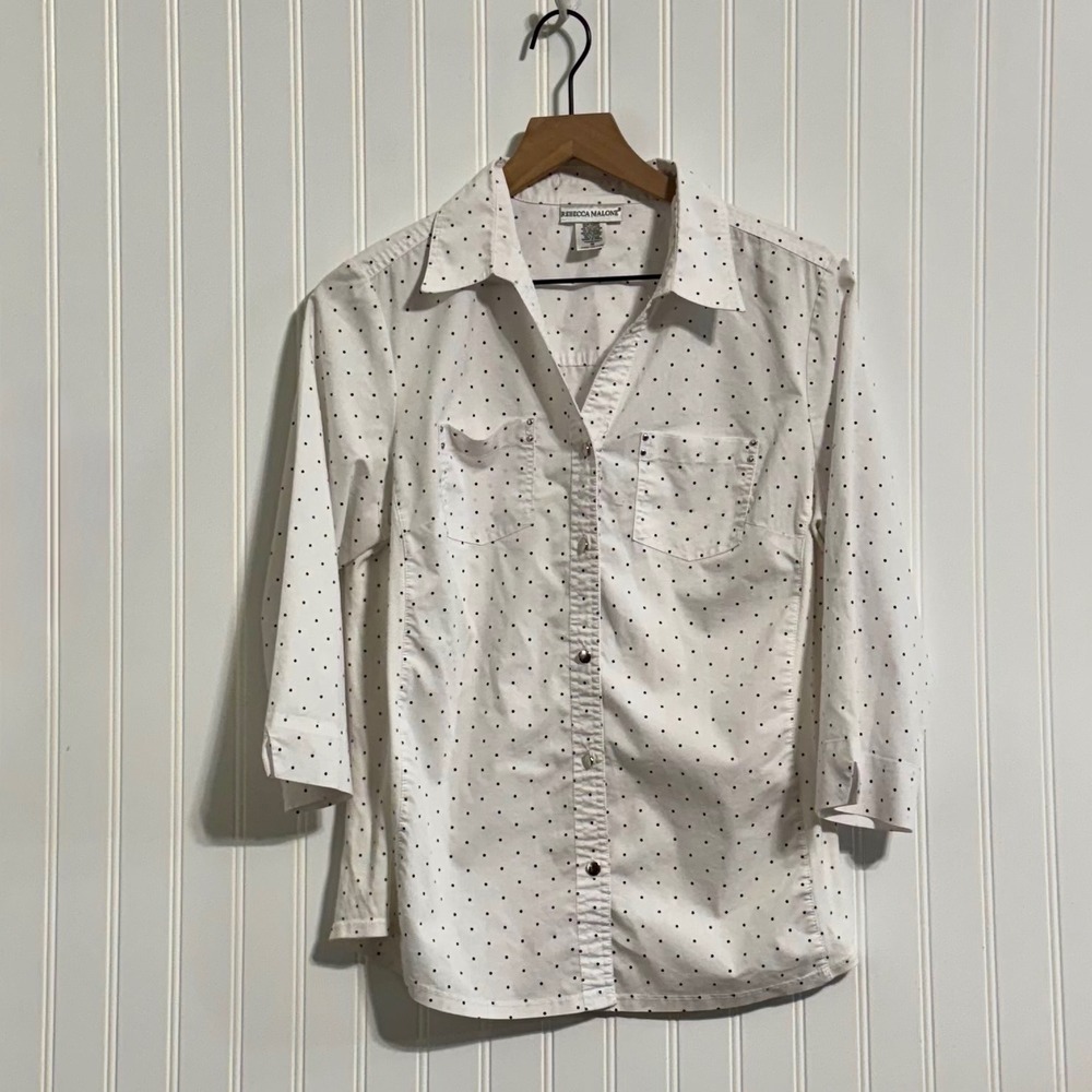 Rebecca Malone Polka Dot Button Shirt M White‎ Black Studded Pockets 3/4 Sleeve